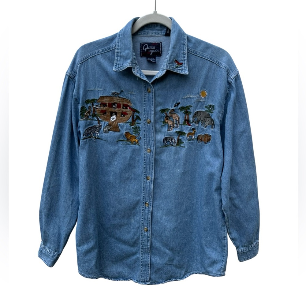 Let’s Quizz Again Women's ButtonDown Shirt with Embroidered Noah’s Ark Design